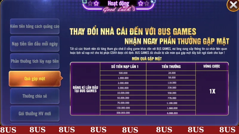 Code 8US 2 Khuyến mãi chào mừng gặp mặt tân binh mới tham gia